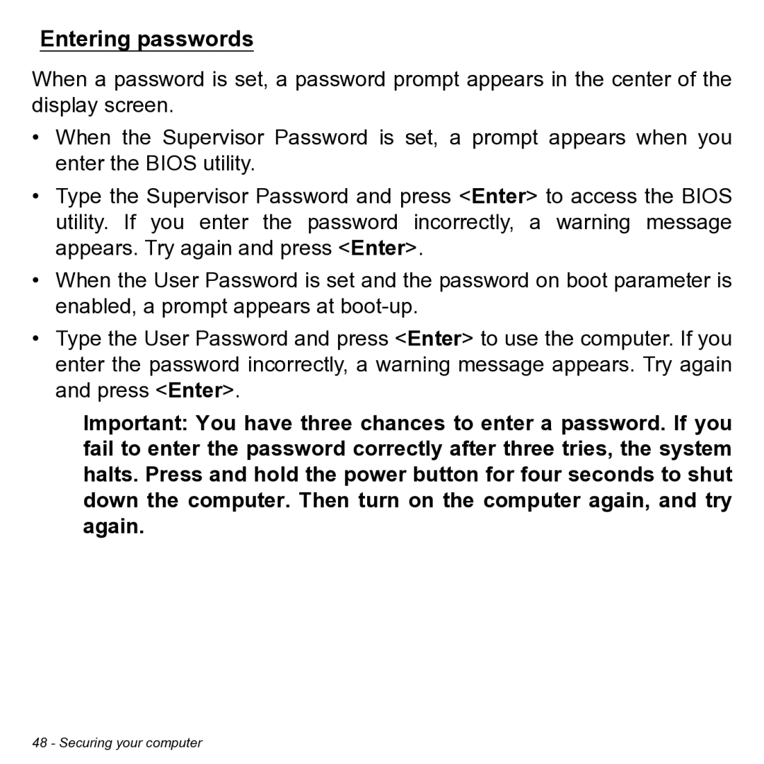 Acer NT.L0KAA.001 user manual Entering passwords 