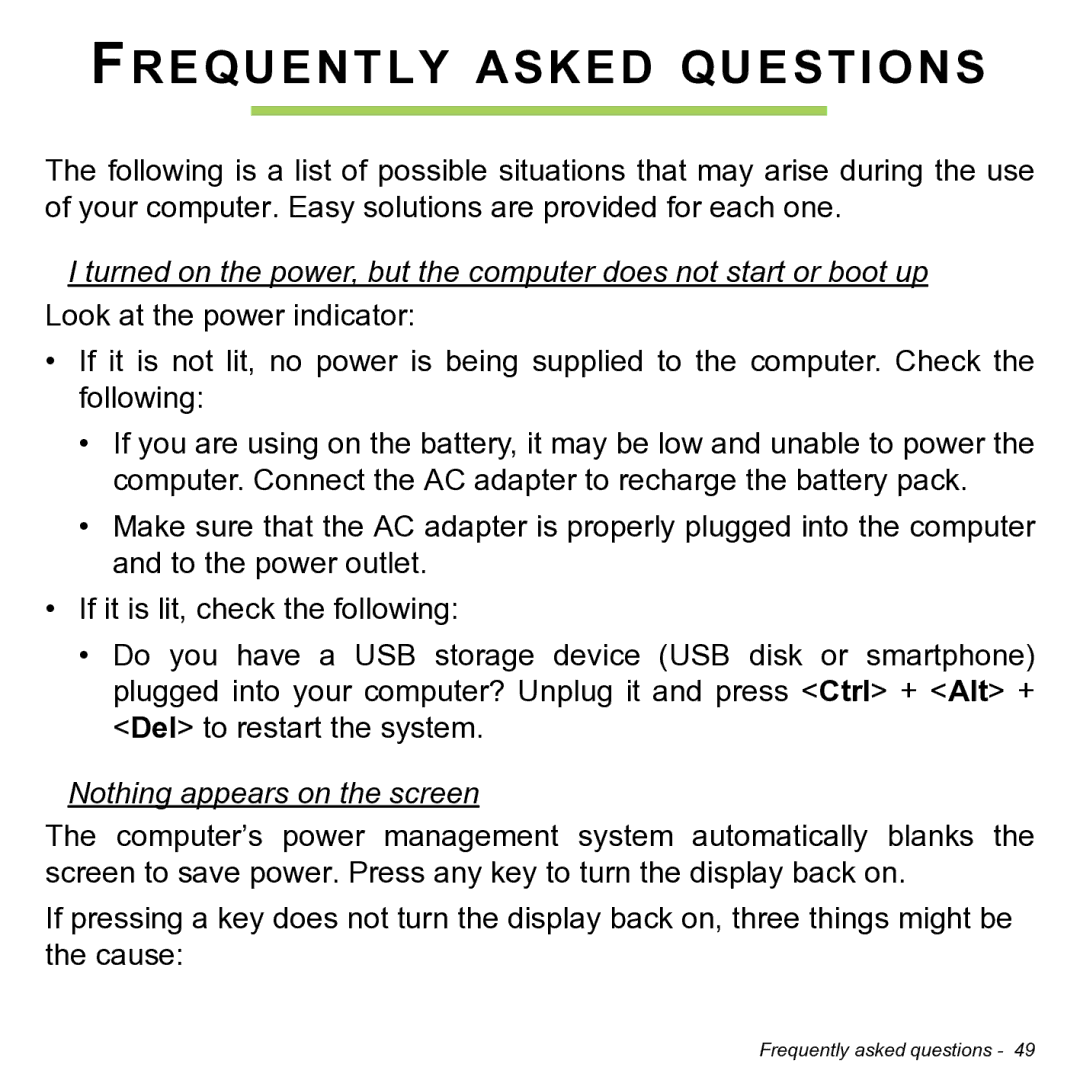 Acer NT.L0KAA.001 user manual Frequently Asked Questions, Nothing appears on the screen 