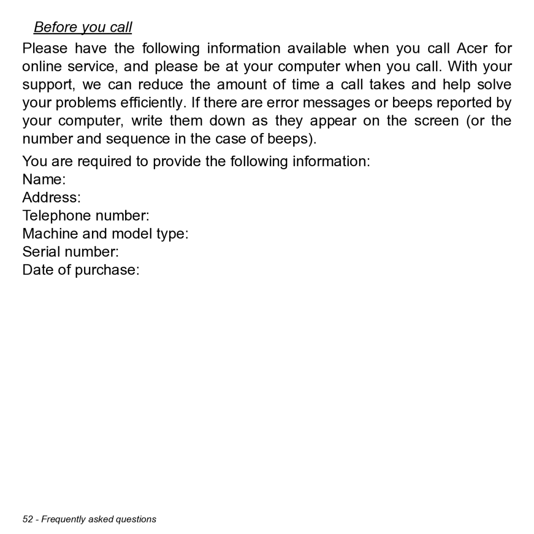 Acer NT.L0KAA.001 user manual Before you call 