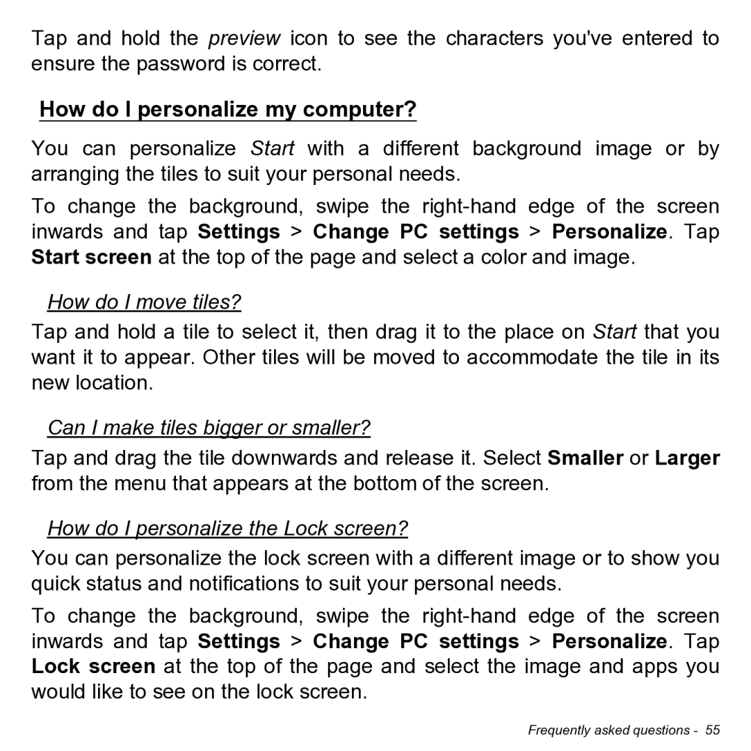 Acer NT.L0KAA.001 user manual How do I personalize my computer?, How do I move tiles?, Can I make tiles bigger or smaller? 