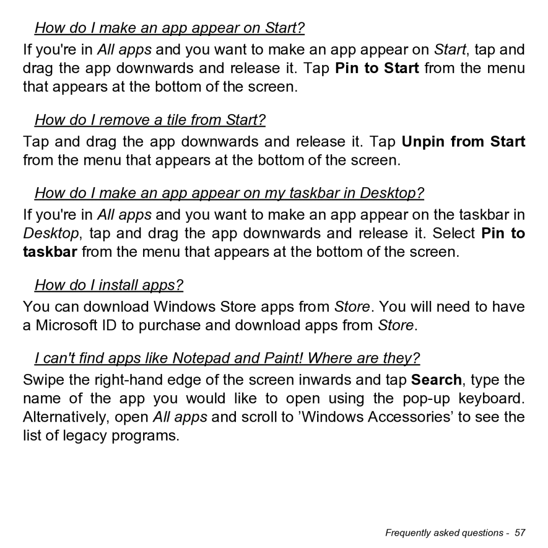 Acer NT.L0KAA.001 How do I make an app appear on Start?, How do I remove a tile from Start?, How do I install apps? 