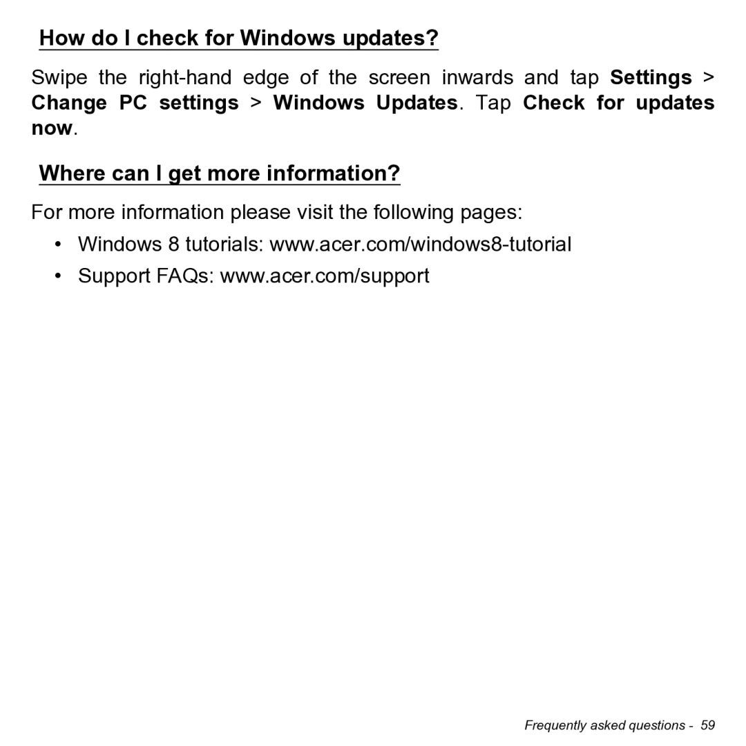 Acer NT.L0KAA.001 user manual How do I check for Windows updates?, Where can I get more information? 