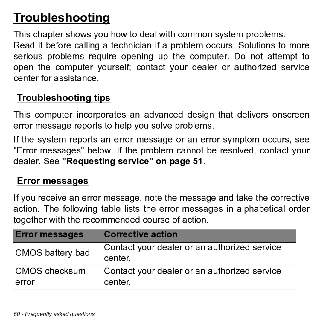 Acer NT.L0KAA.001 user manual Troubleshooting tips, Error messages, Corrective action 