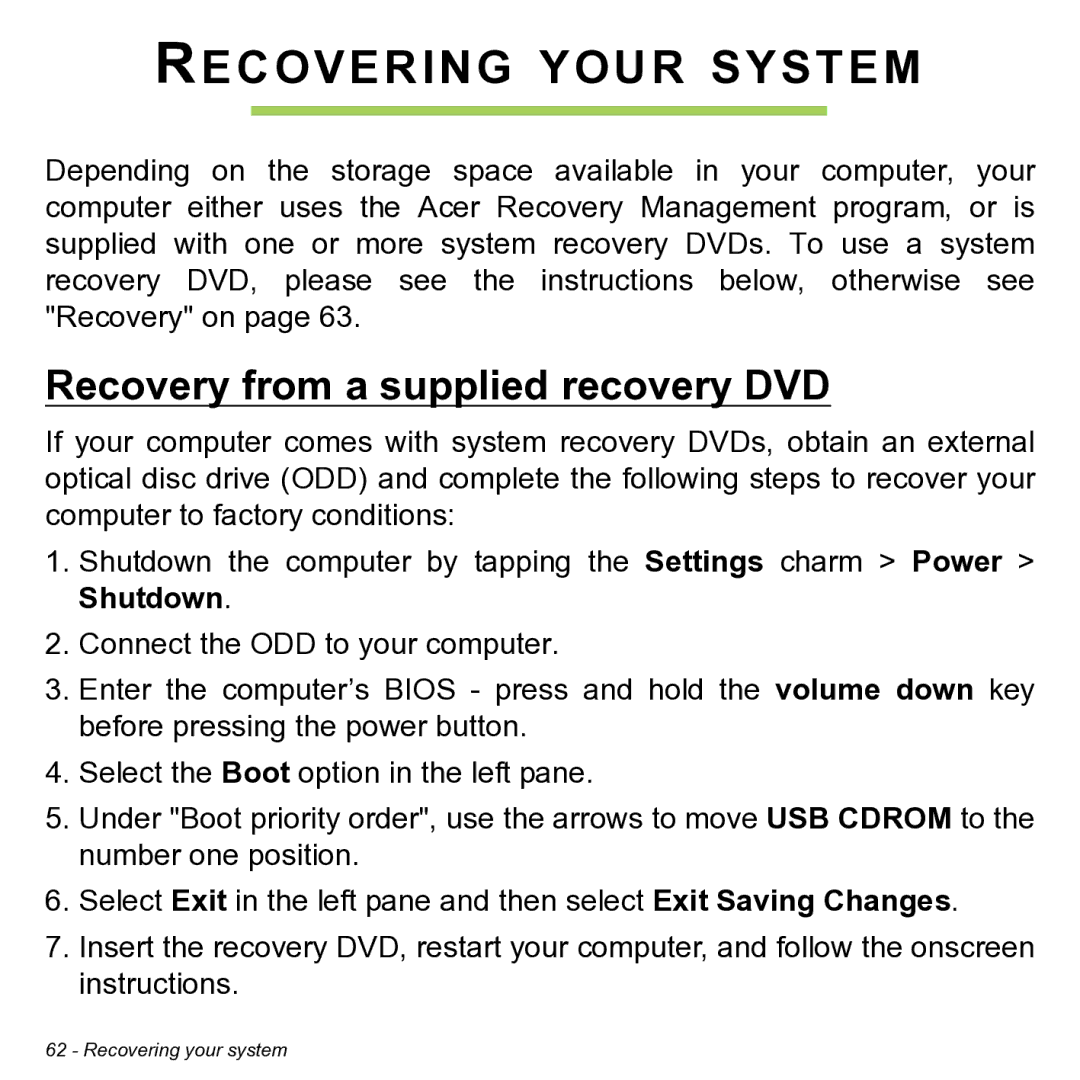 Acer NT.L0KAA.001 user manual Recovering Your System, Recovery from a supplied recovery DVD 