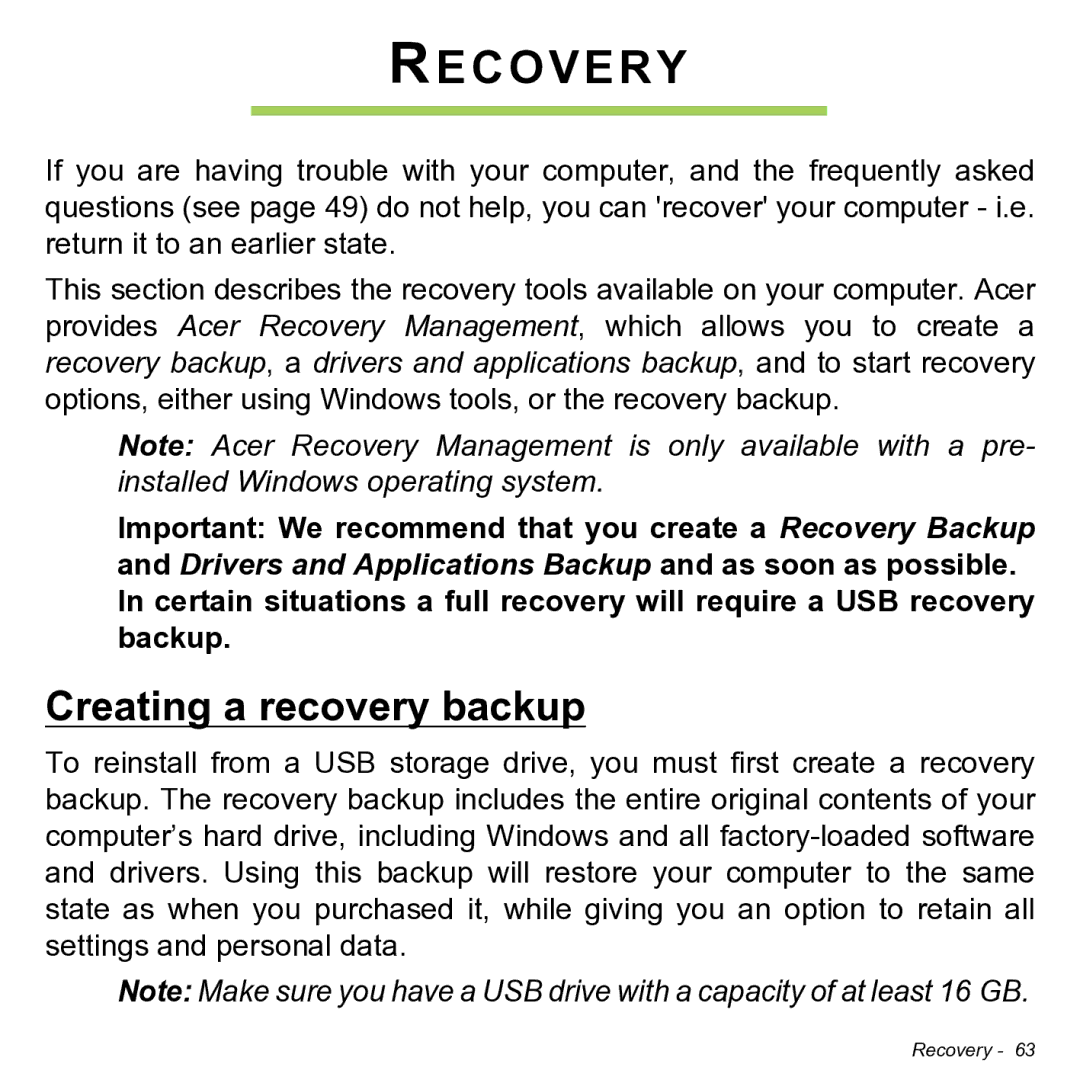 Acer NT.L0KAA.001 user manual Recovery, Creating a recovery backup 