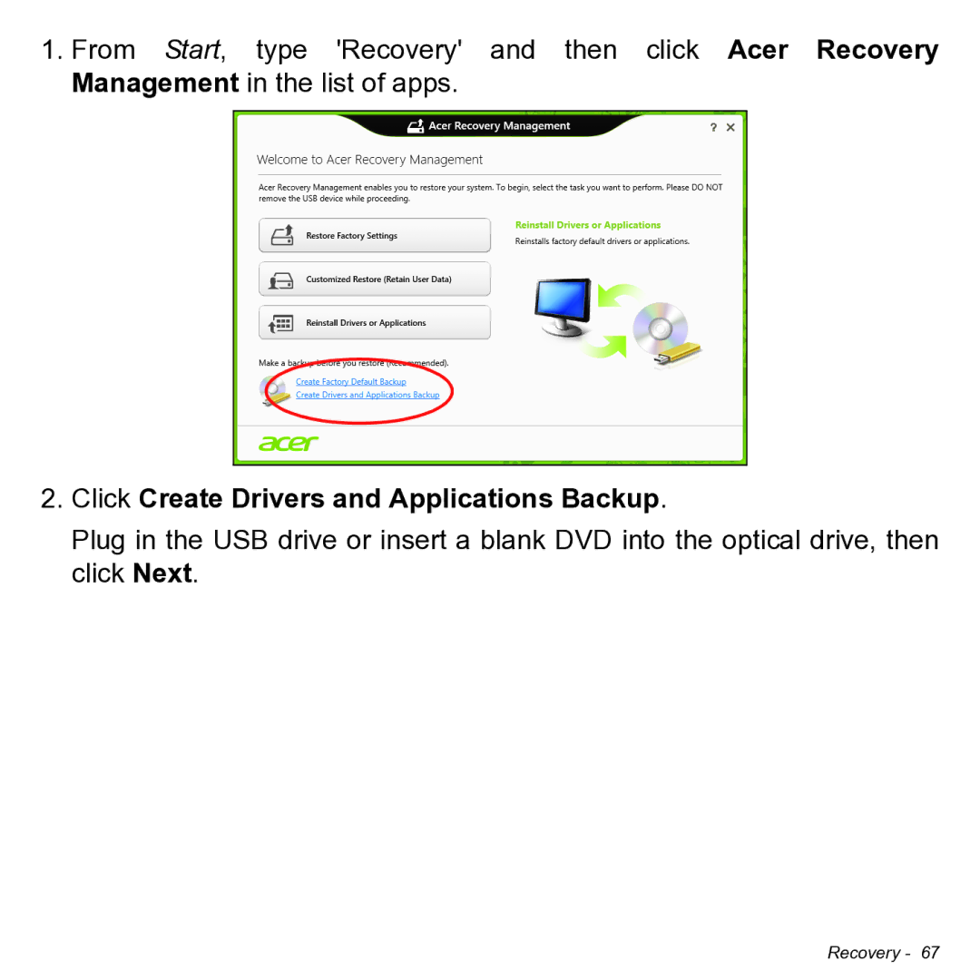 Acer NT.L0KAA.001 user manual Click Create Drivers and Applications Backup 