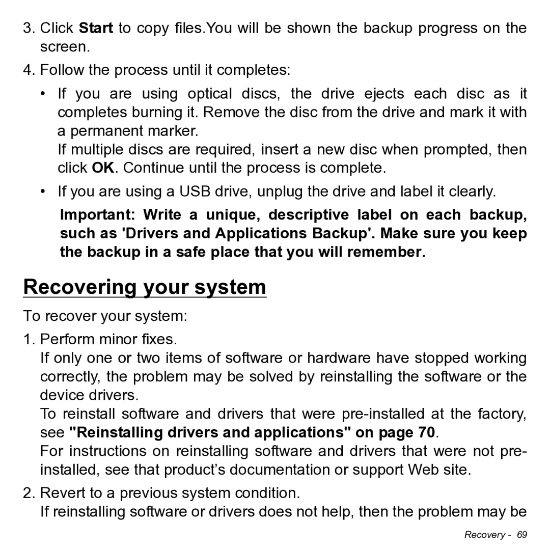 Acer NT.L0KAA.001 user manual Recovering your system 