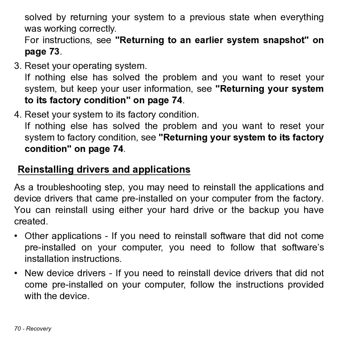 Acer NT.L0KAA.001 user manual Reinstalling drivers and applications 