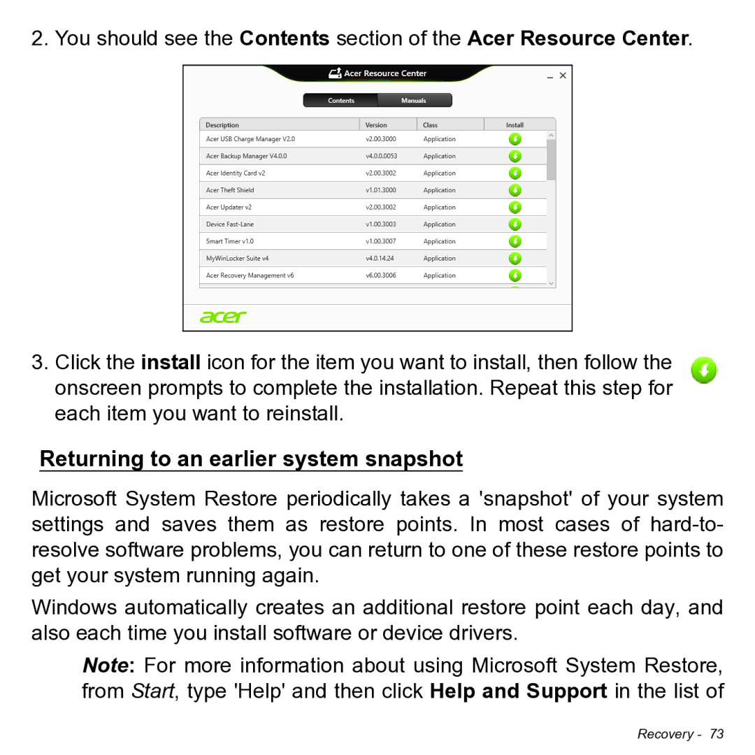 Acer NT.L0KAA.001 user manual Returning to an earlier system snapshot 