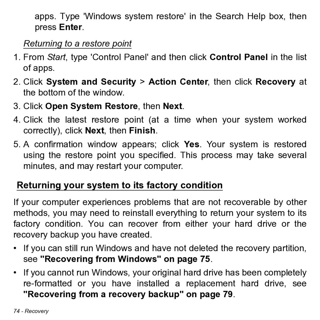 Acer NT.L0KAA.001 user manual Returning to a restore point, Returning your system to its factory condition 