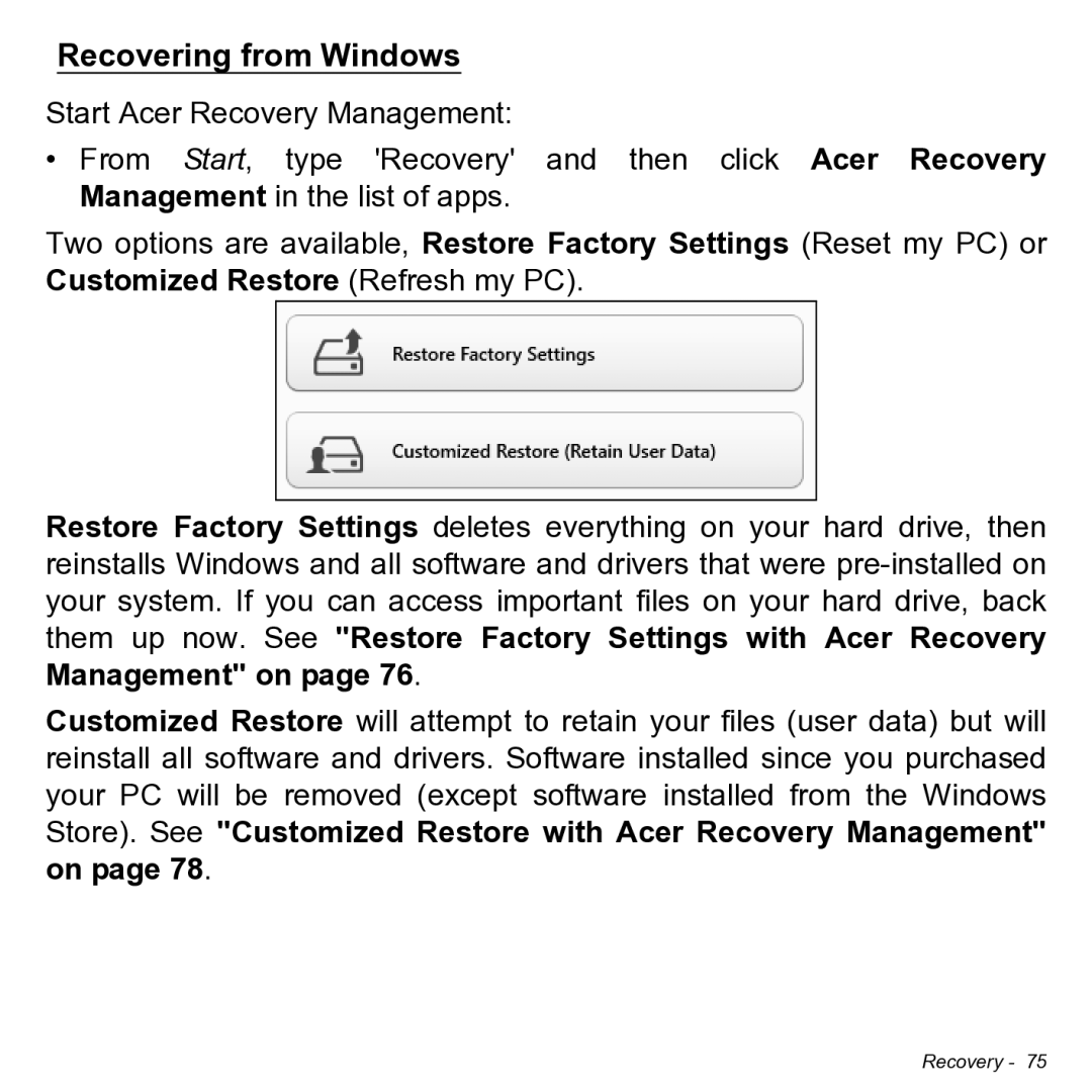 Acer NT.L0KAA.001 user manual Recovering from Windows 