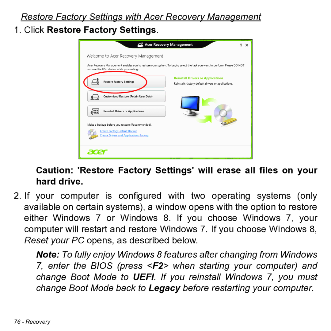 Acer NT.L0KAA.001 user manual Restore Factory Settings with Acer Recovery Management, Click Restore Factory Settings 