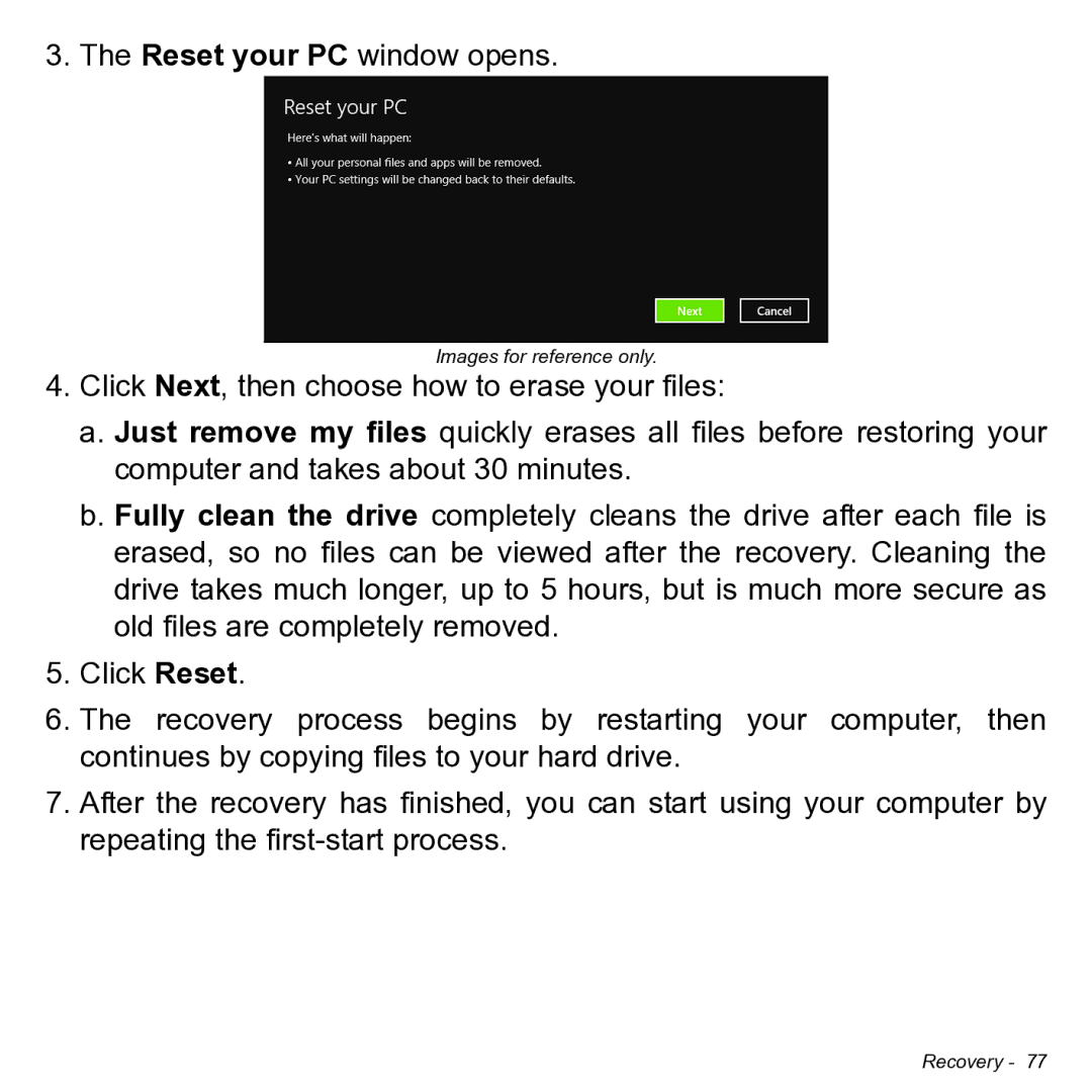 Acer NT.L0KAA.001 user manual Reset your PC window opens 