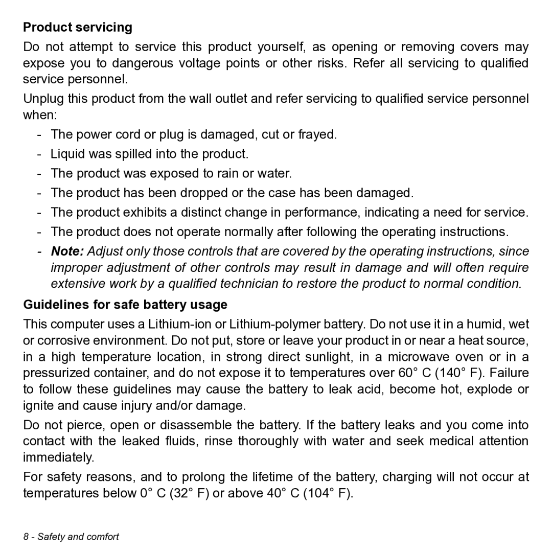 Acer NT.L0KAA.001 user manual Product servicing, Guidelines for safe battery usage 