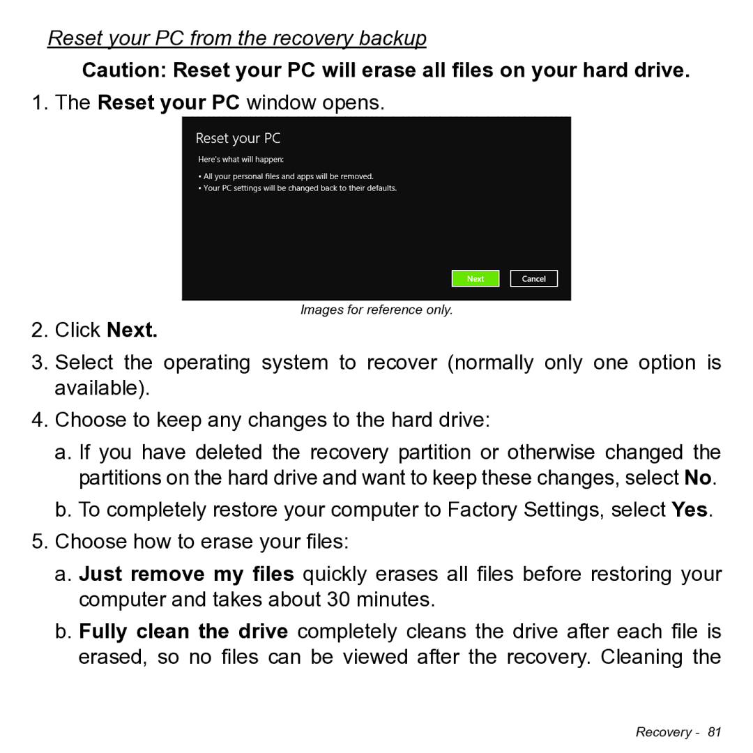 Acer NT.L0KAA.001 user manual Reset your PC from the recovery backup 