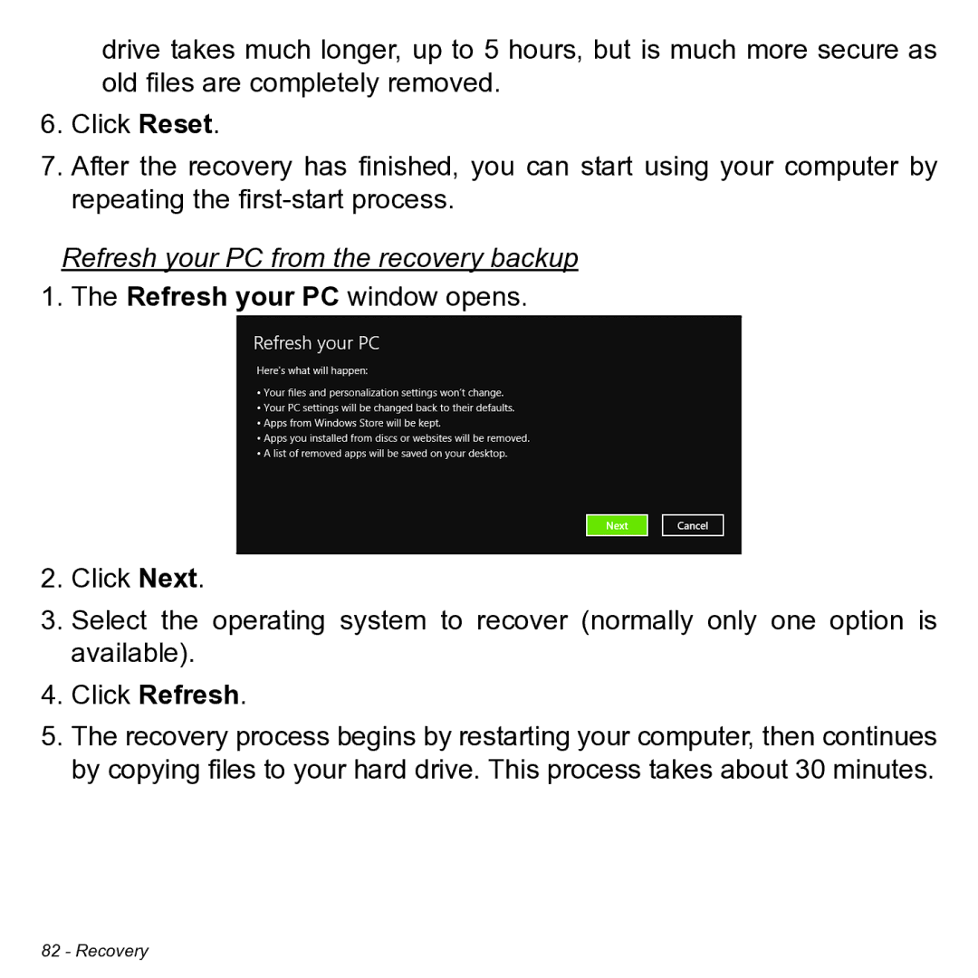 Acer NT.L0KAA.001 user manual Refresh your PC from the recovery backup 