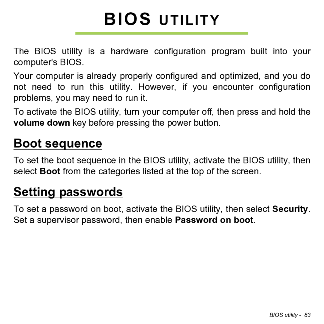 Acer NT.L0KAA.001 user manual Bios Utility, Boot sequence, Setting passwords 