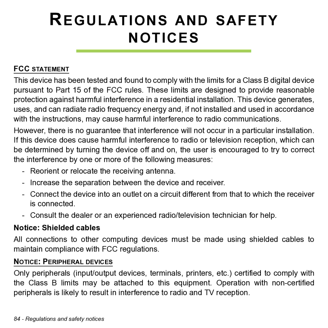 Acer NT.L0KAA.001 user manual Regulations and Safety 