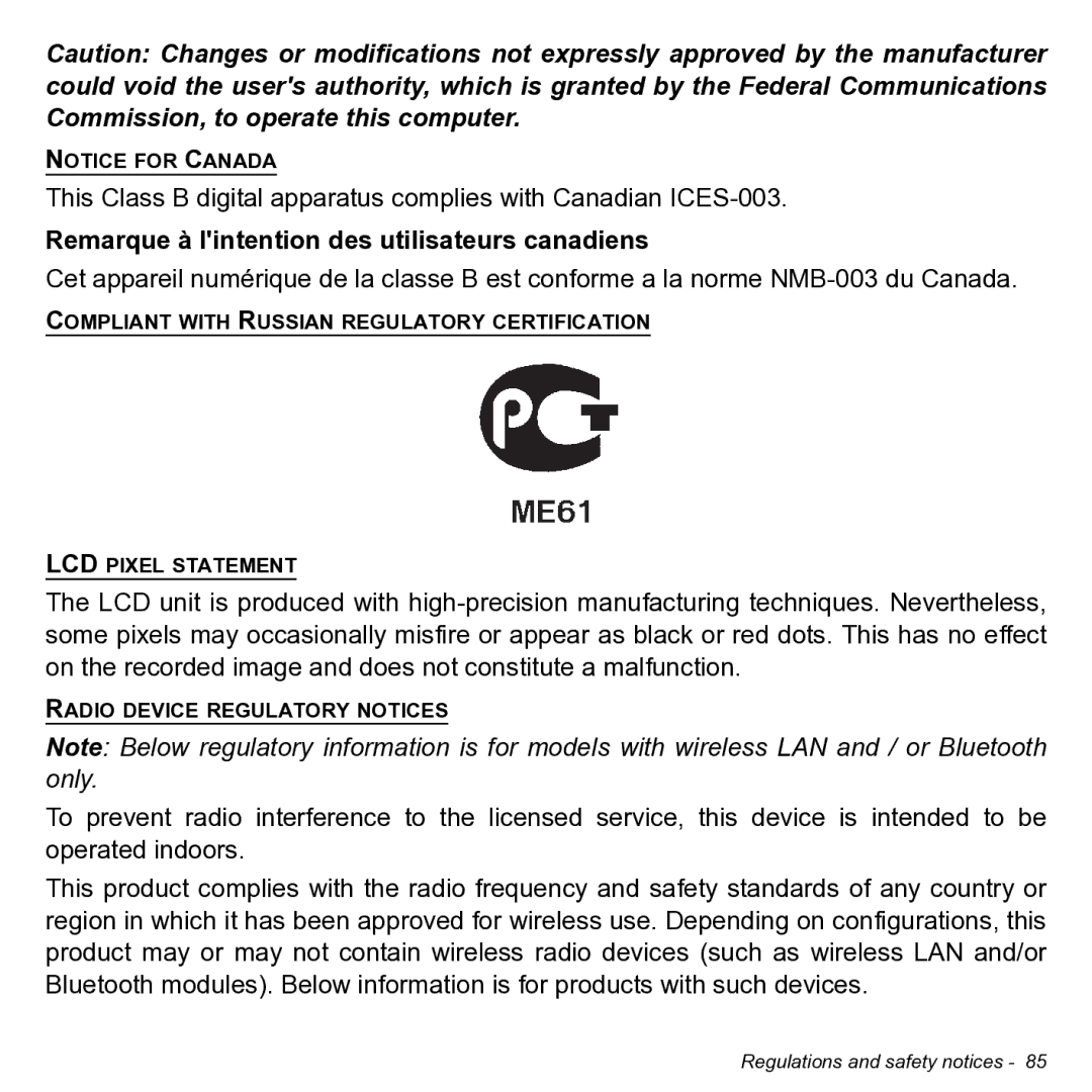 Acer NT.L0KAA.001 user manual Remarque à lintention des utilisateurs canadiens 