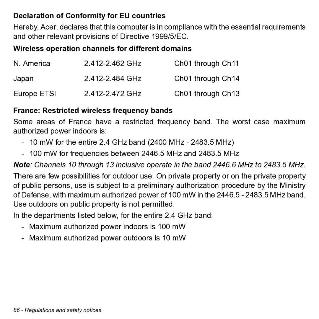 Acer NT.L0KAA.001 user manual Declaration of Conformity for EU countries, Wireless operation channels for different domains 