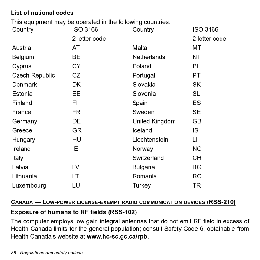 Acer NT.L0KAA.001 user manual List of national codes, Exposure of humans to RF fields RSS-102 