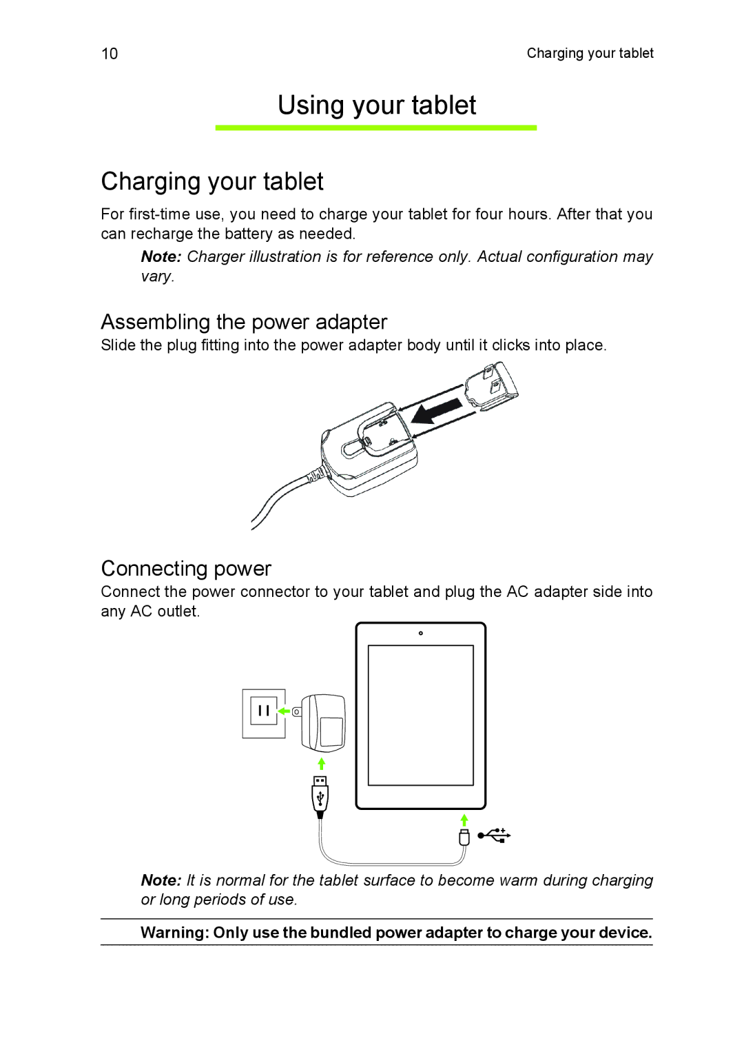 Acer NT.L1CAA.002, A1810L497 manual Using your tablet, Charging your tablet, Assembling the power adapter, Connecting power 