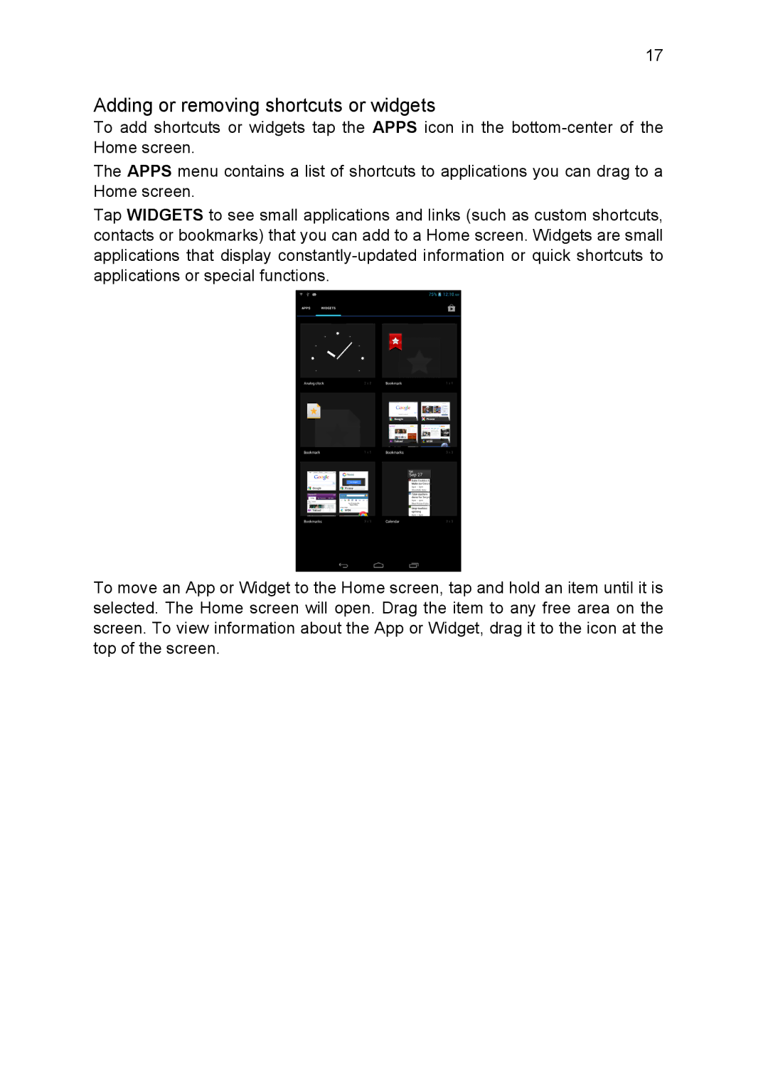 Acer A1810L497, NT.L1CAA.002 manual Adding or removing shortcuts or widgets 