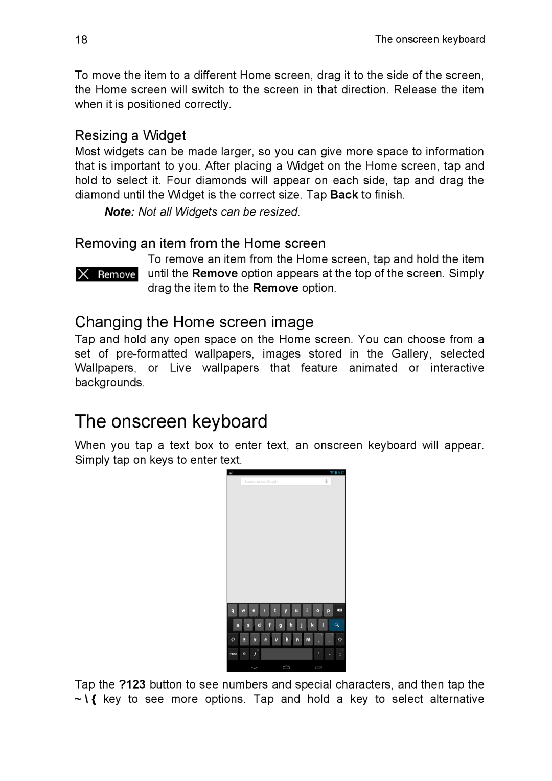 Acer NT.L1CAA.002, A1810L497 manual Onscreen keyboard, Changing the Home screen image, Resizing a Widget 