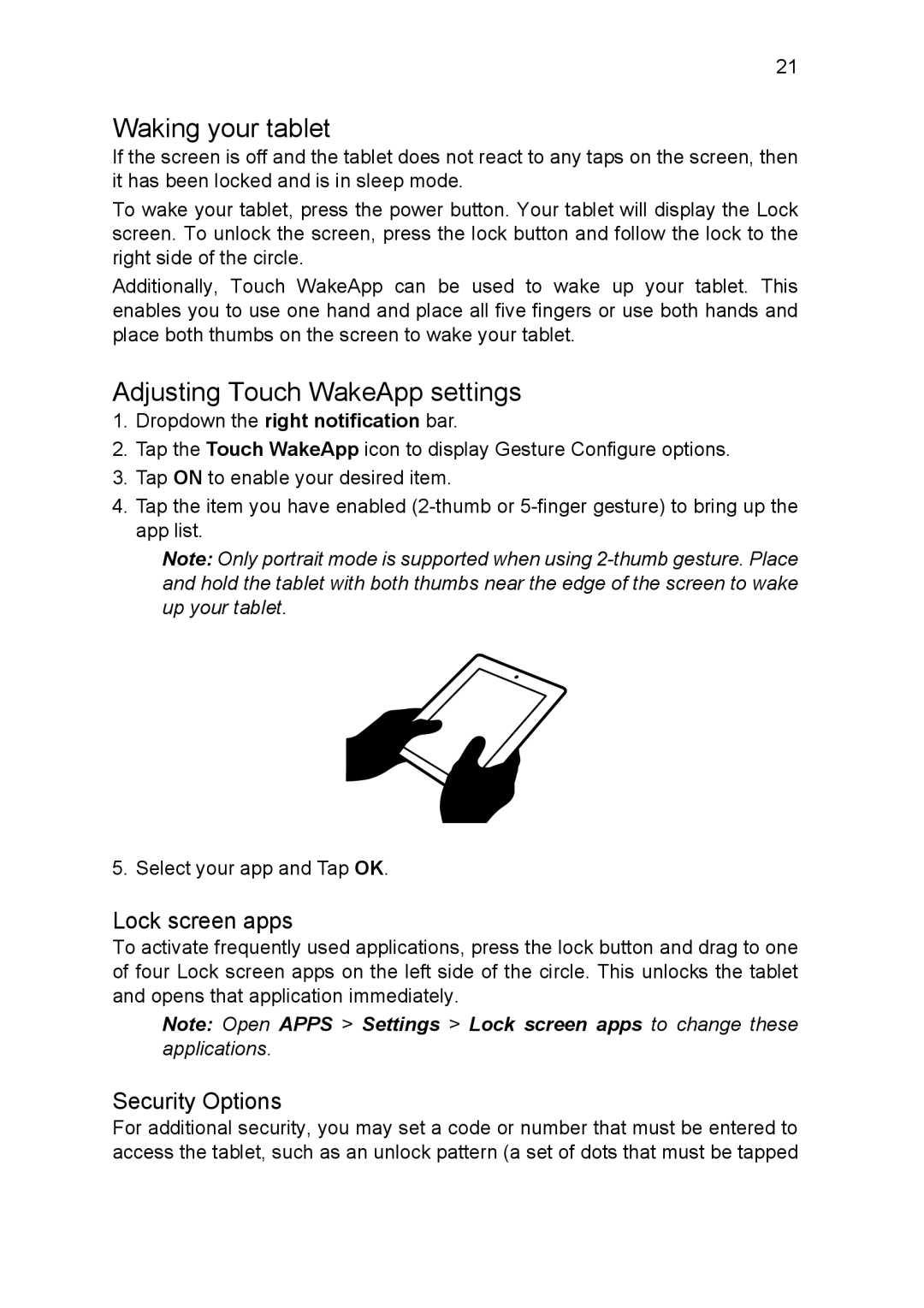 Acer A1810L497, NT.L1CAA.002 manual Waking your tablet, Adjusting Touch WakeApp settings, Lock screen apps, Security Options 