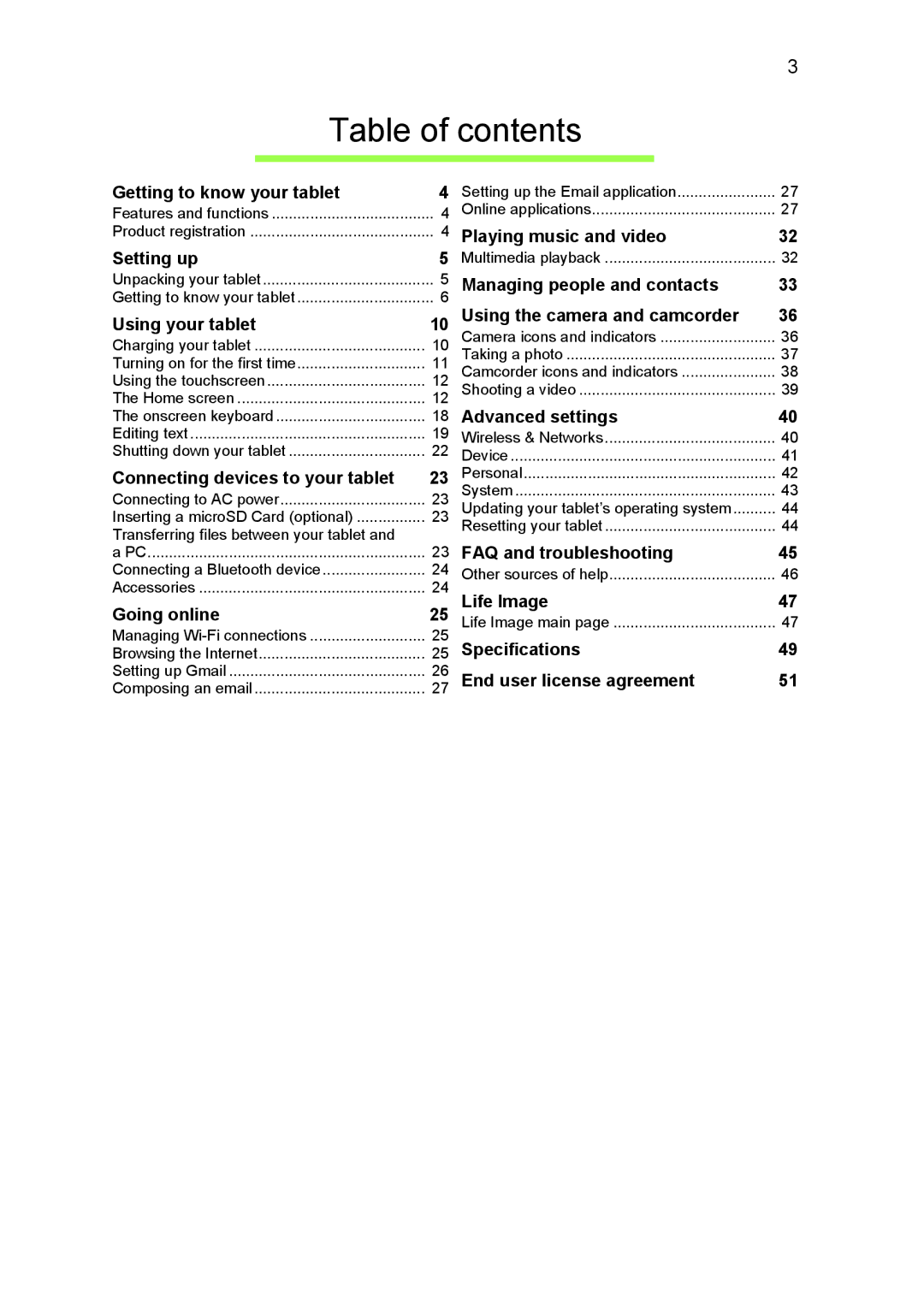 Acer A1810L497, NT.L1CAA.002 manual Table of contents 