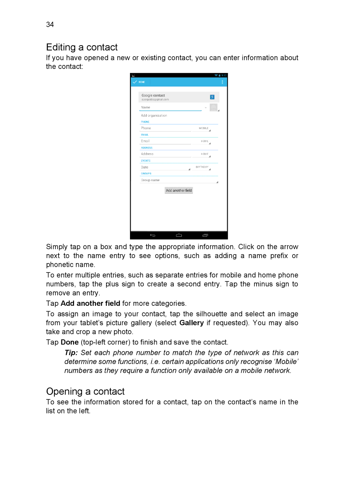 Acer NT.L1CAA.002, A1810L497 manual Editing a contact, Opening a contact 