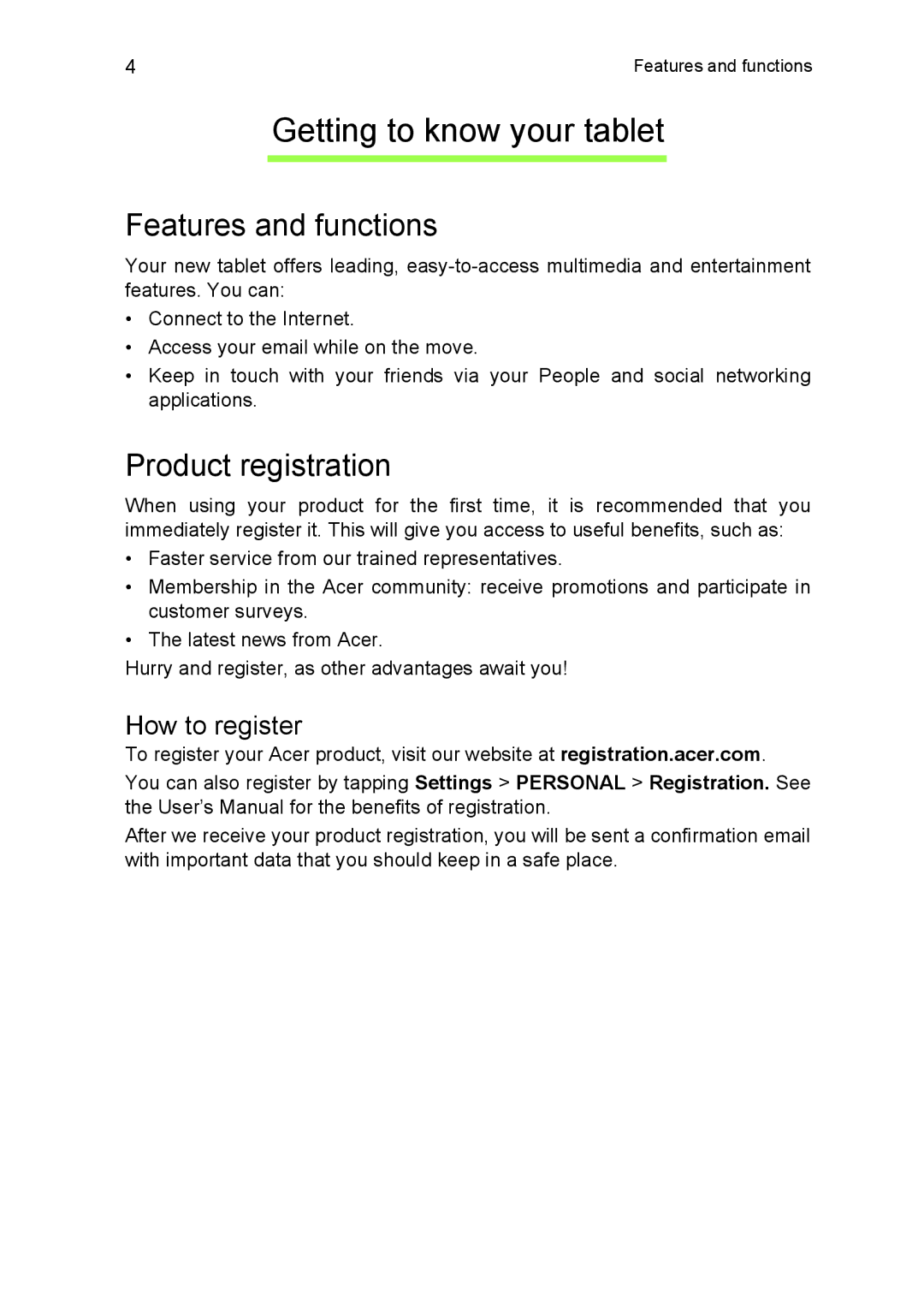 Acer NT.L1CAA.002, A1810L497 Getting to know your tablet, Features and functions, Product registration, How to register 