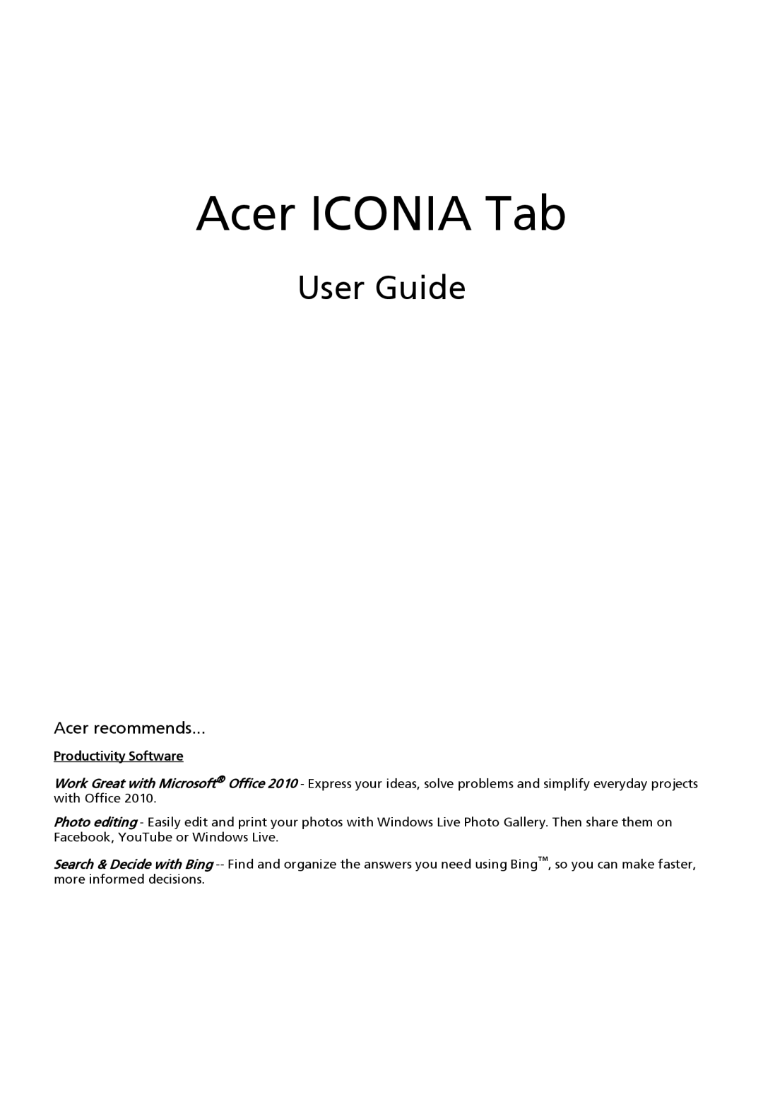 Acer NTL1CAA002 manual Acer Iconia Tab, User Guide 