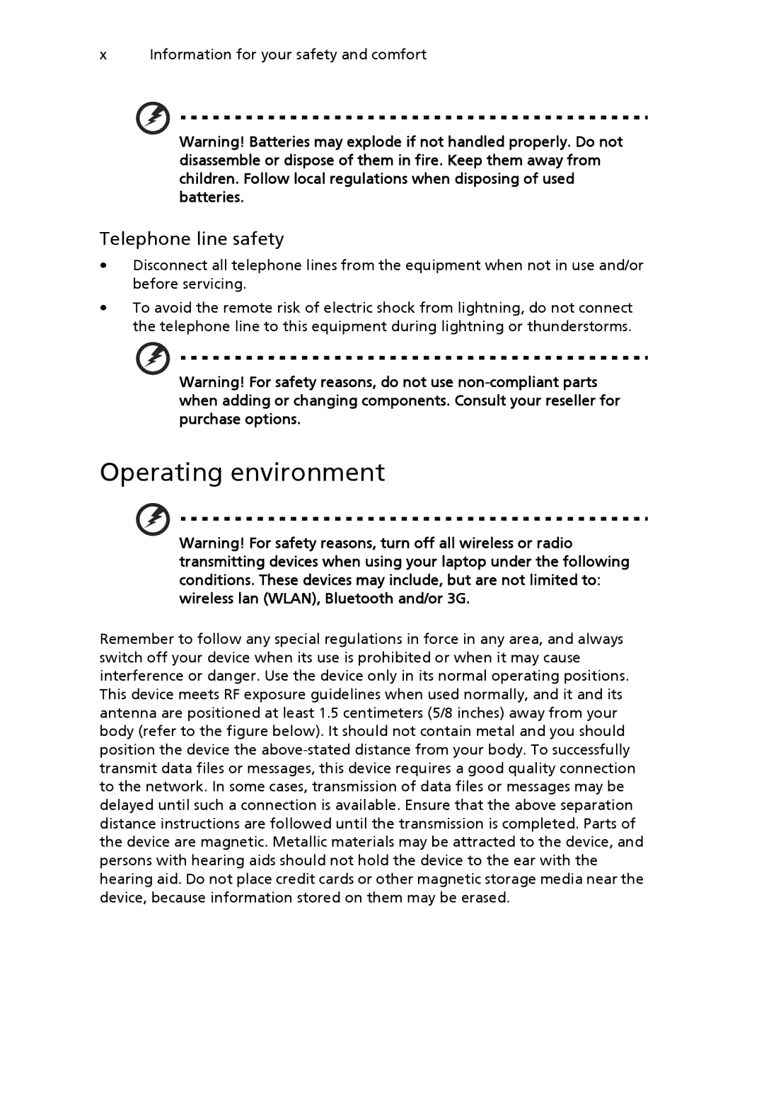 Acer NTL1CAA002 manual Operating environment, Telephone line safety 