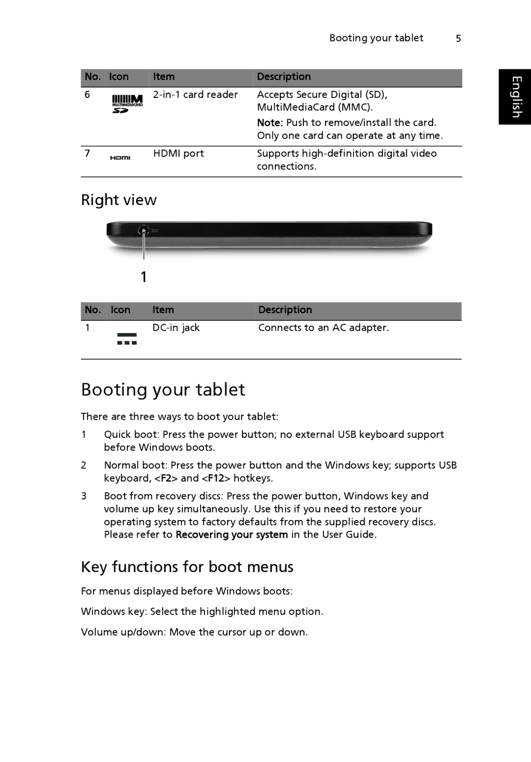 Acer NTL1CAA002 manual Booting your tablet, Right view, Key functions for boot menus 