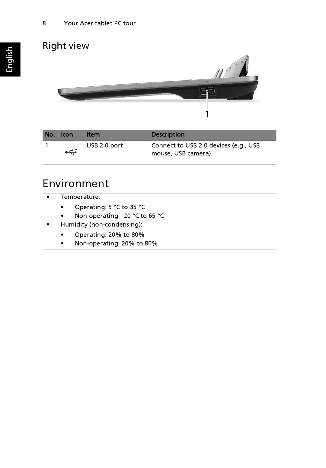 Acer NTL1CAA002 manual Environment, Right view 