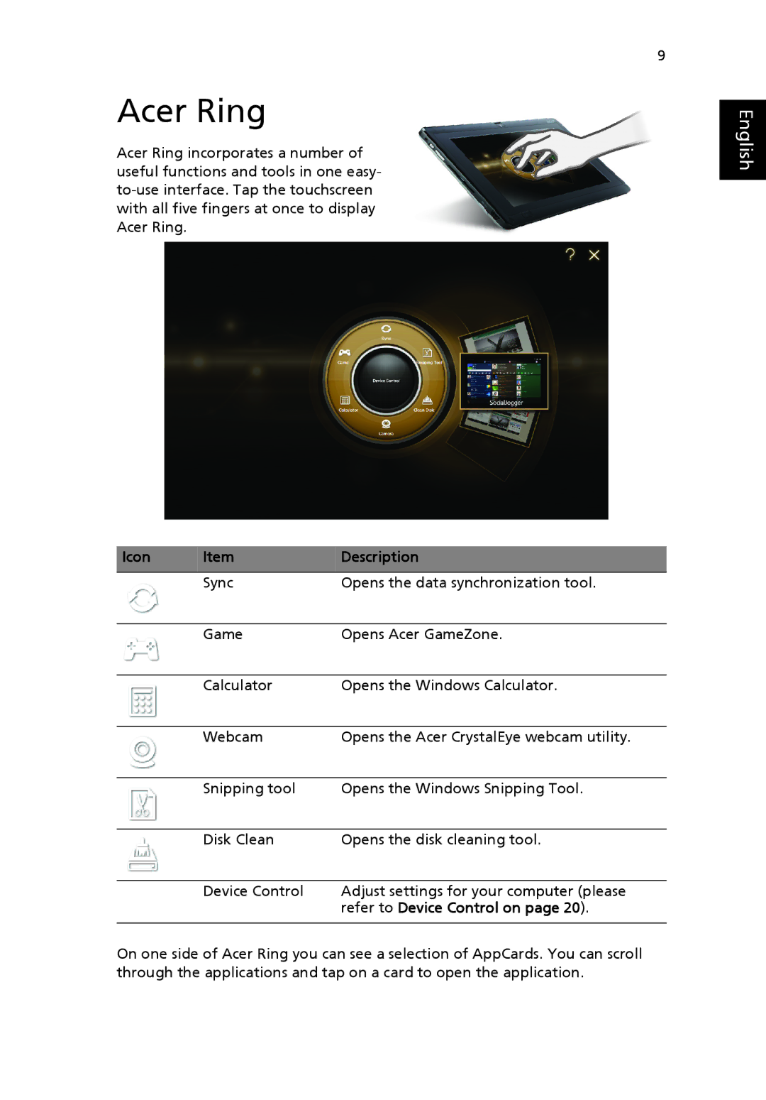 Acer NTL1CAA002 manual Acer Ring, Icon Description 