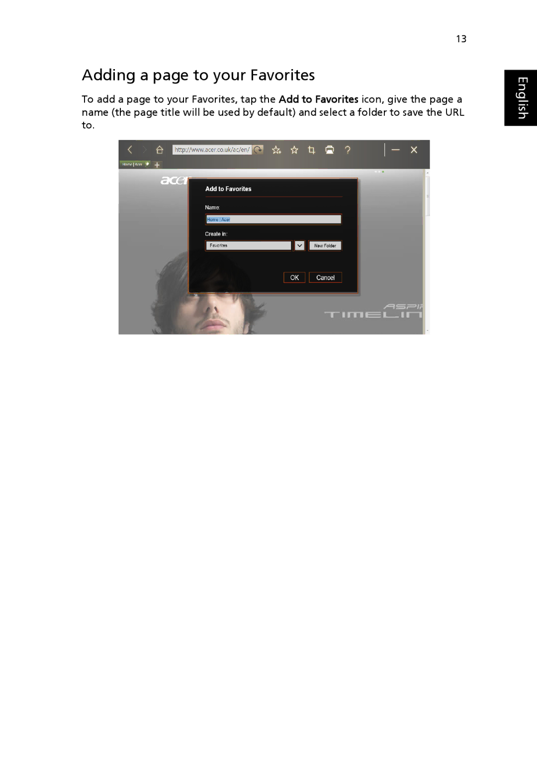 Acer NTL1CAA002 manual Adding a page to your Favorites 