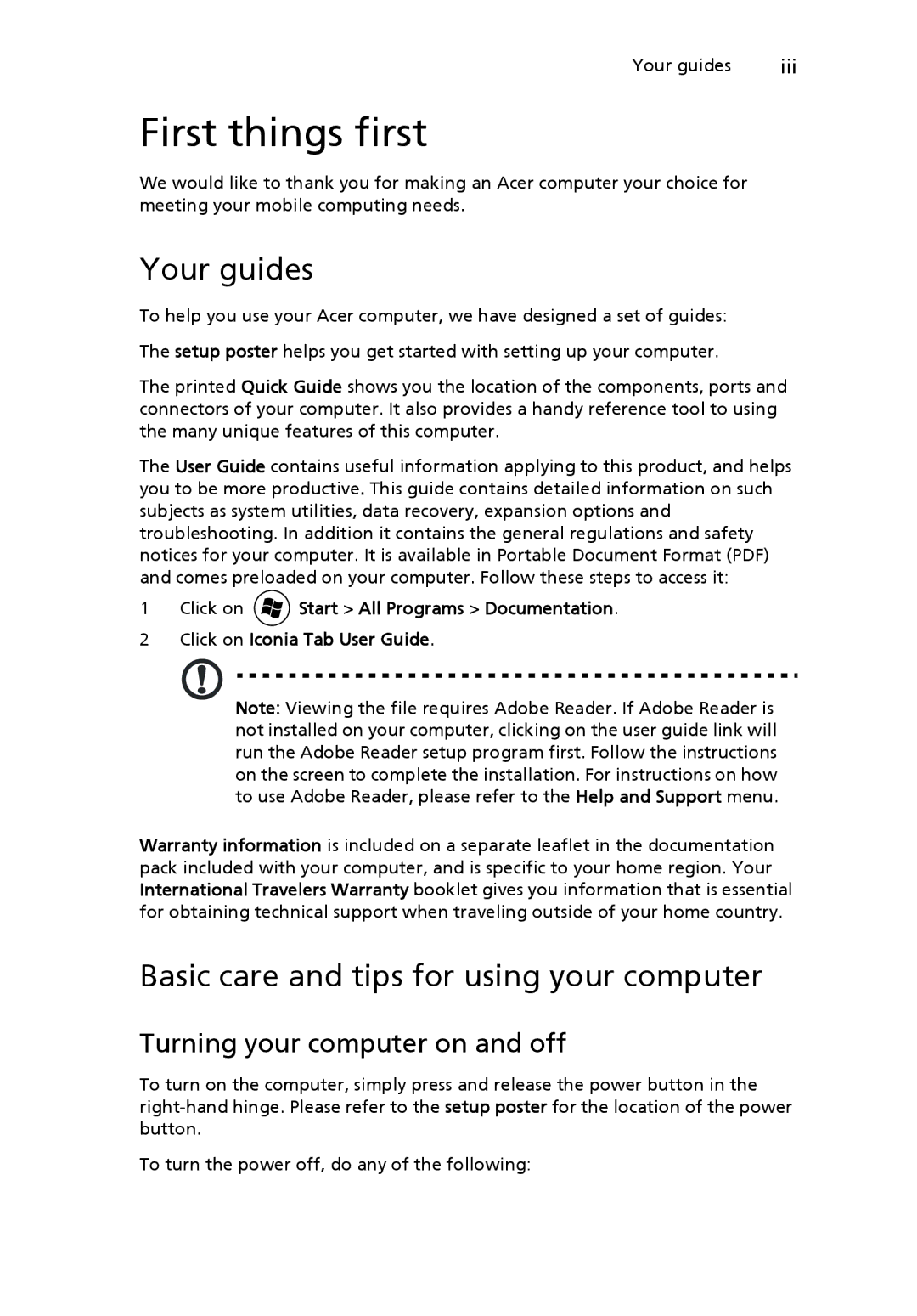 Acer NTL1CAA002 manual First things first, Your guides, Basic care and tips for using your computer 