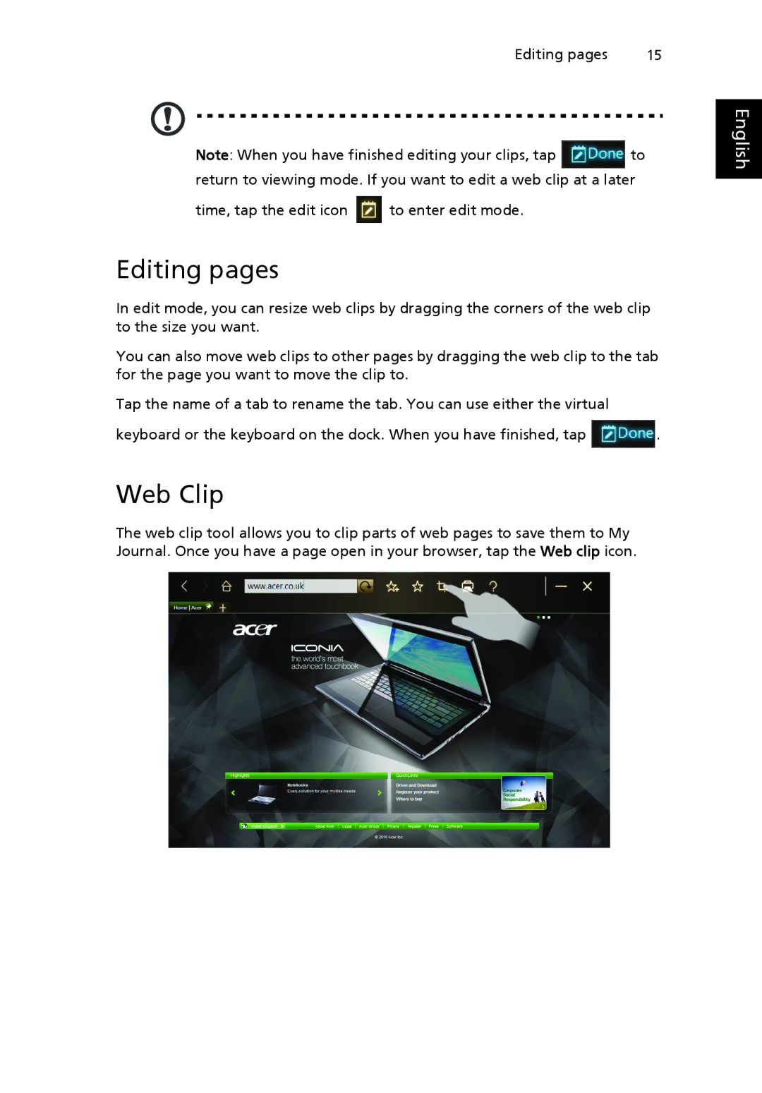 Acer NTL1CAA002 manual Editing pages, Web Clip 