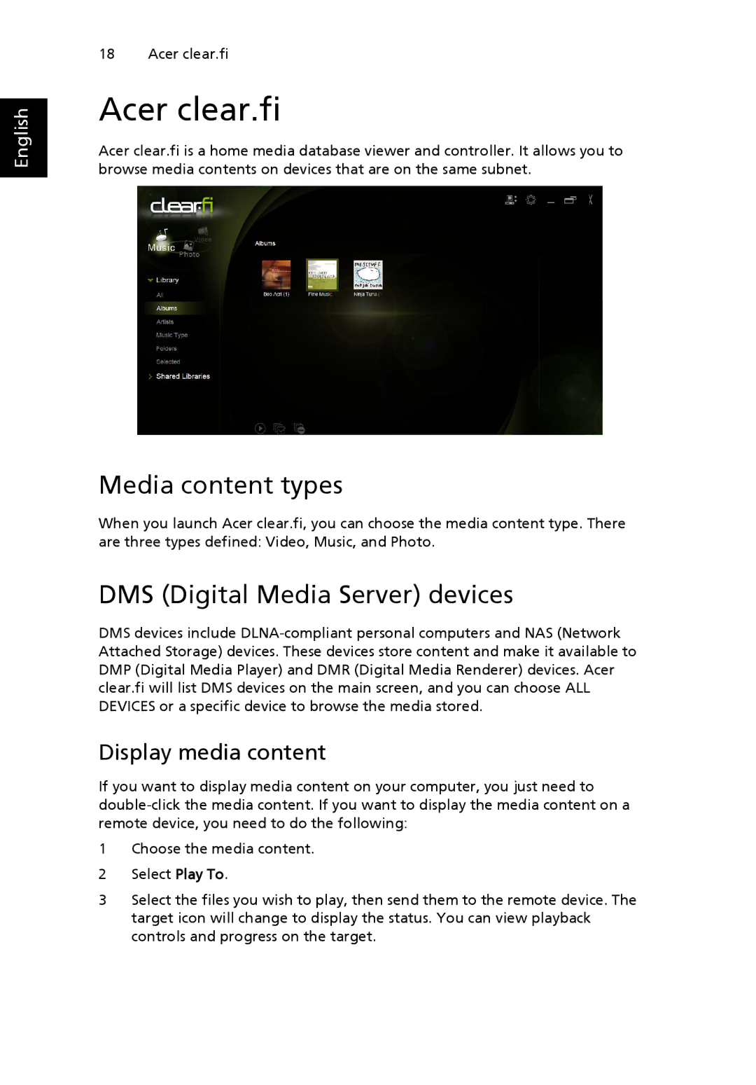 Acer NTL1CAA002 manual Acer clear.fi, Media content types, DMS Digital Media Server devices, Display media content 