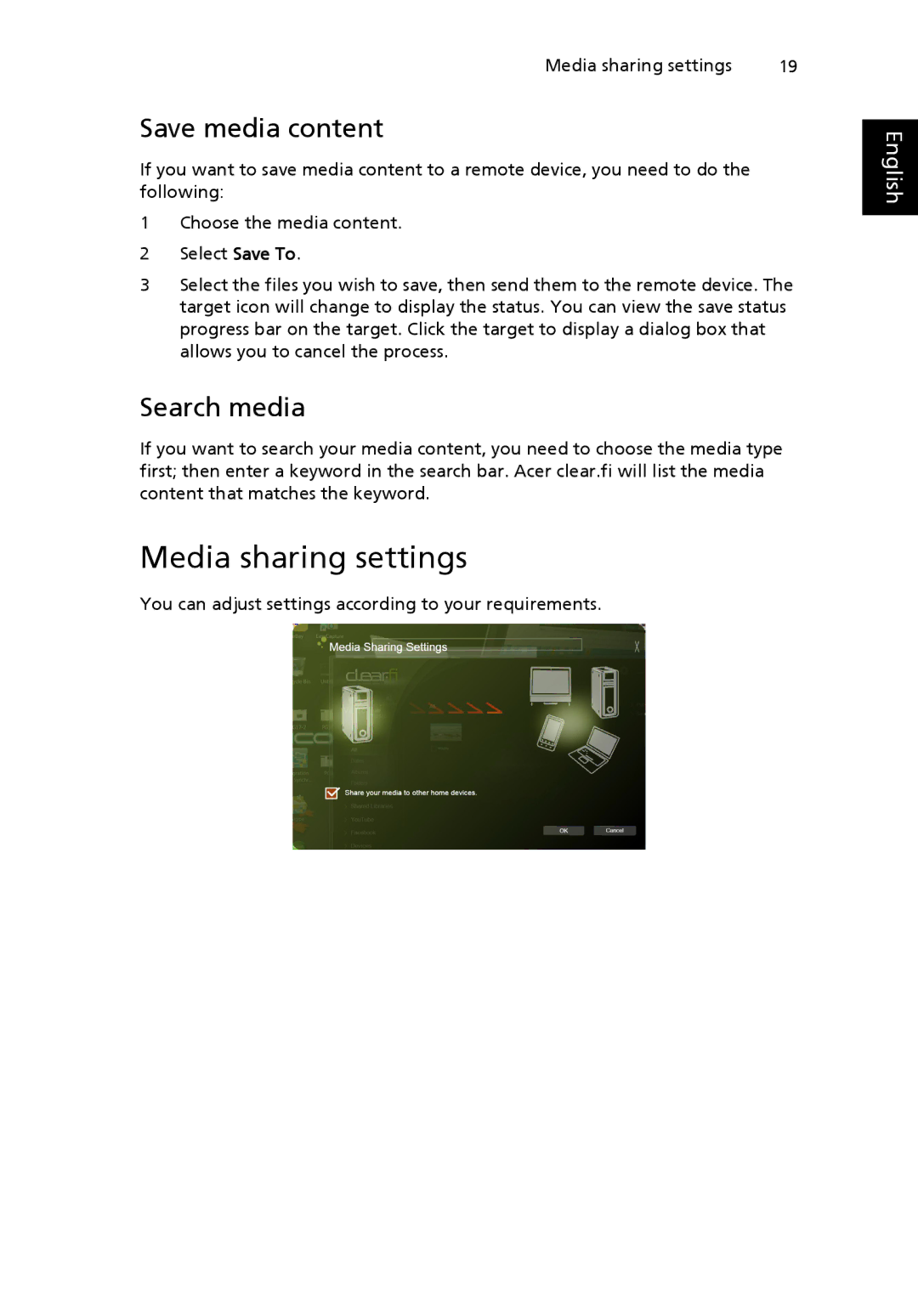 Acer NTL1CAA002 manual Media sharing settings, Save media content, Search media 