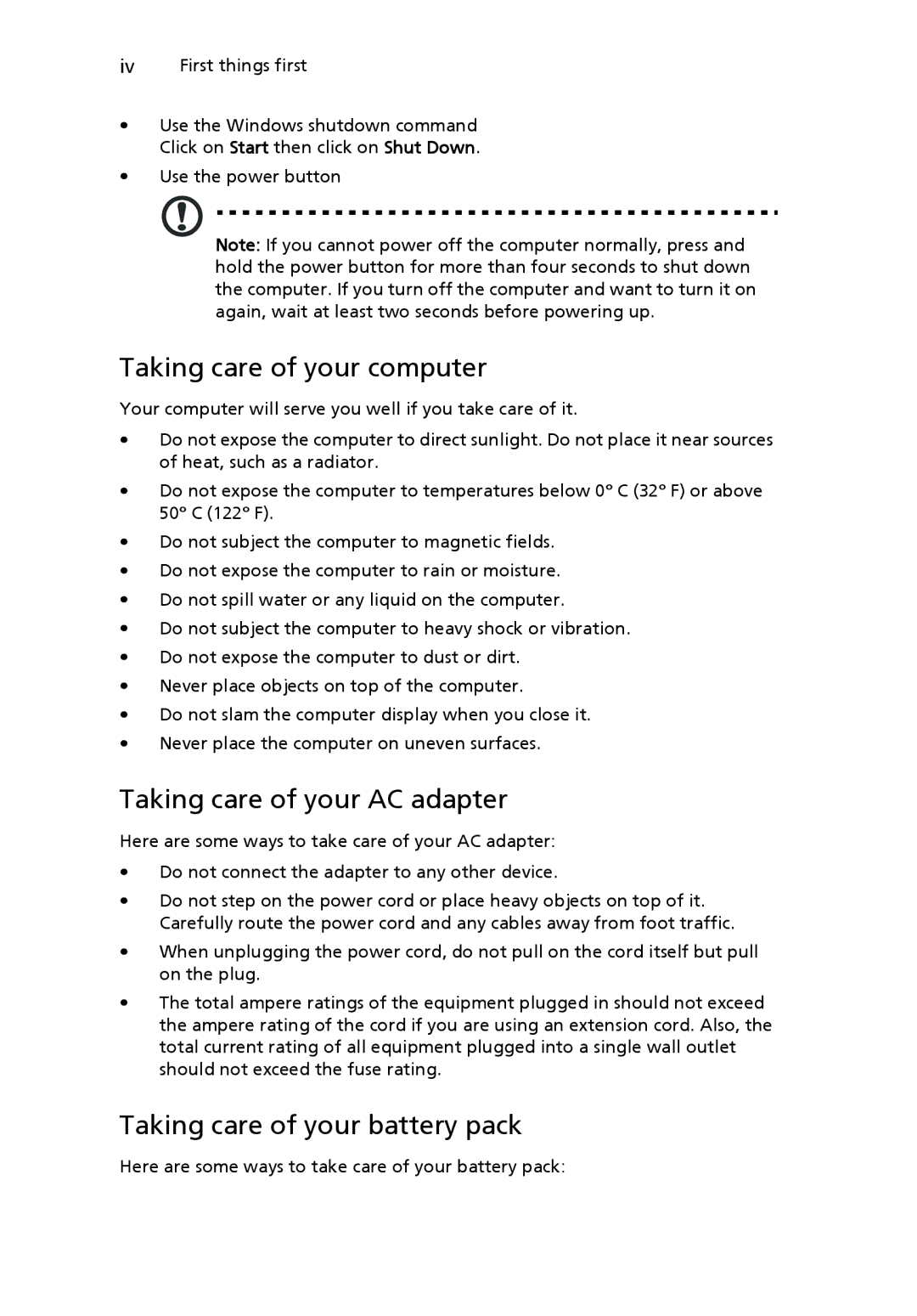 Acer NTL1CAA002 manual Taking care of your computer, Taking care of your AC adapter, Taking care of your battery pack 