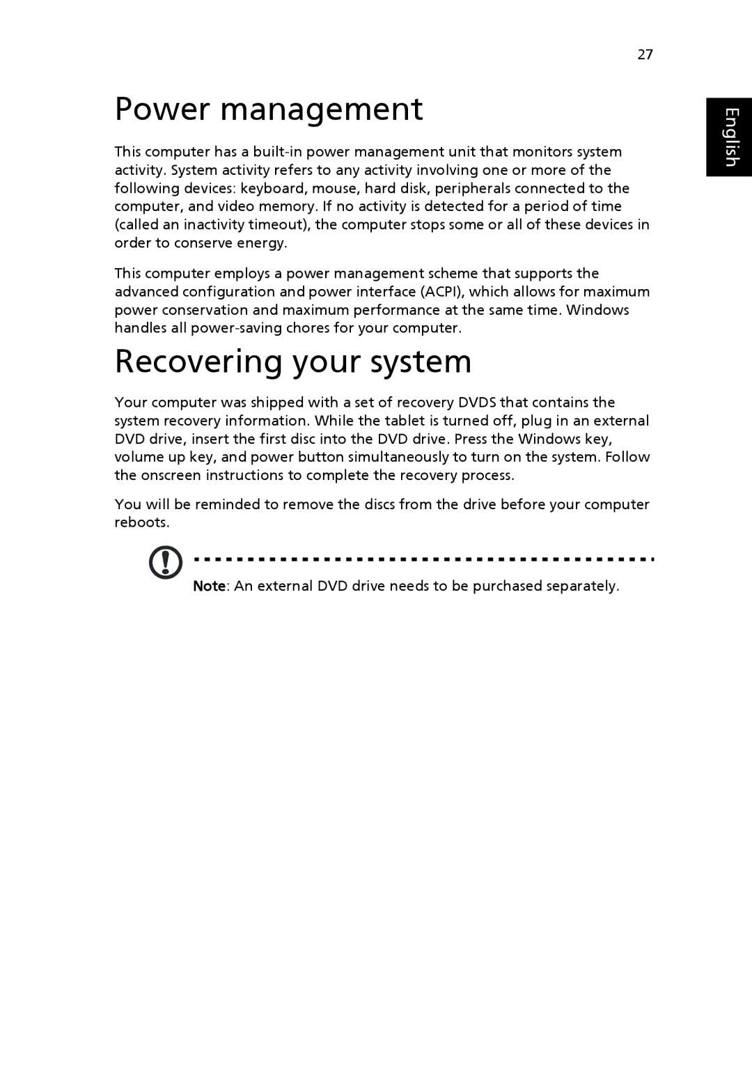 Acer NTL1CAA002 manual Power management, Recovering your system 