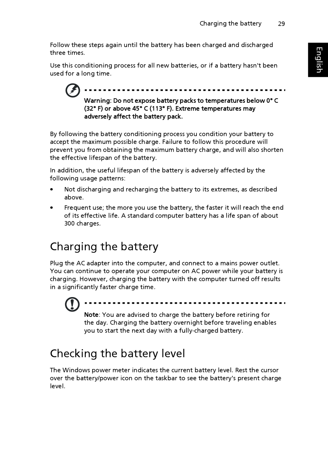 Acer NTL1CAA002 manual Charging the battery, Checking the battery level 