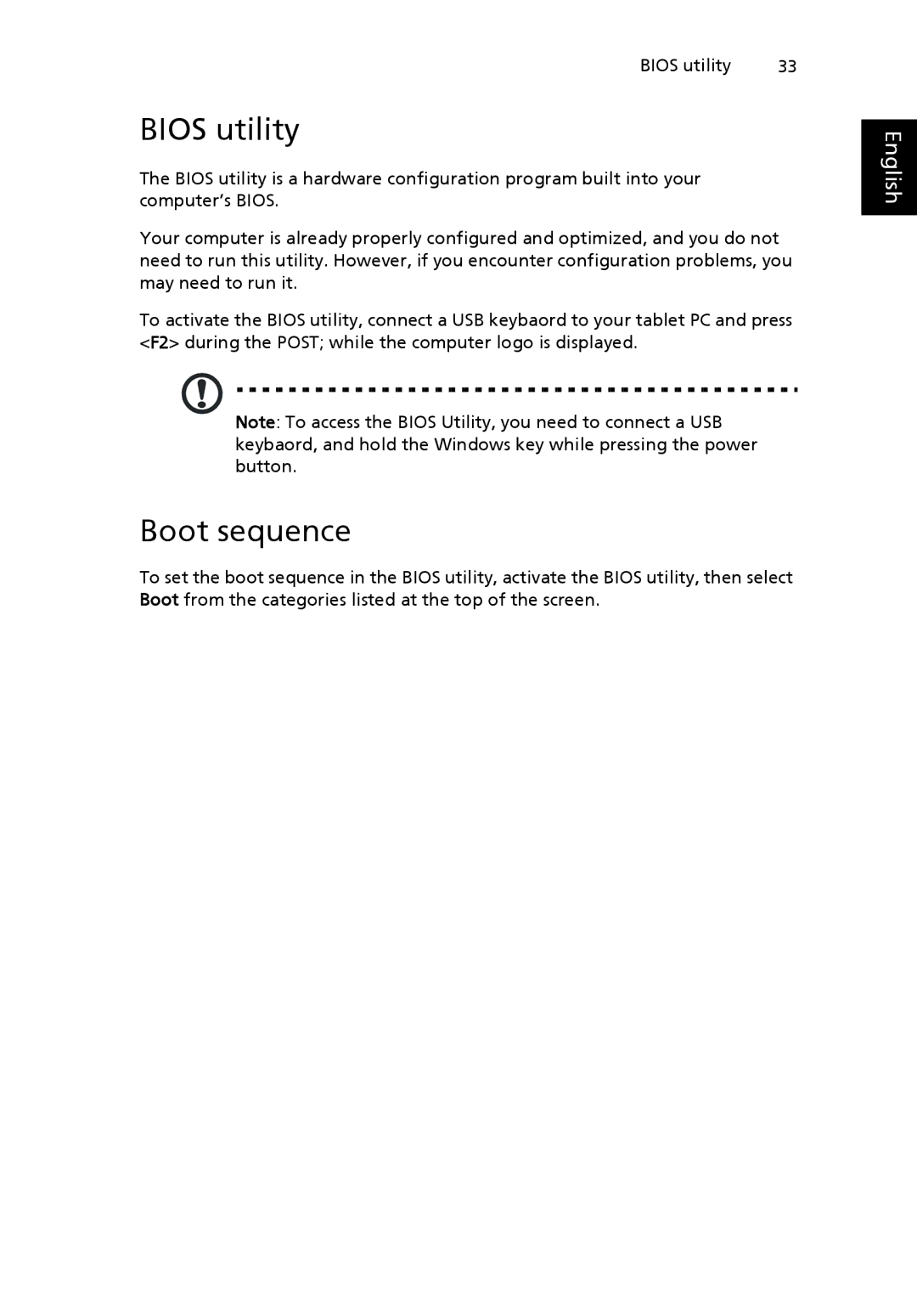 Acer NTL1CAA002 manual Bios utility, Boot sequence 