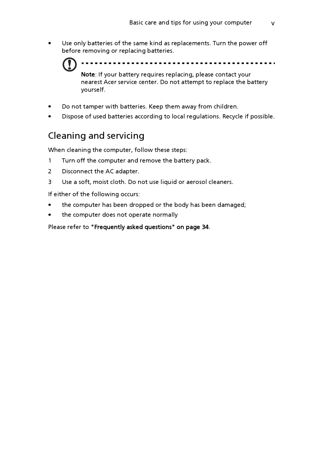 Acer NTL1CAA002 manual Cleaning and servicing 