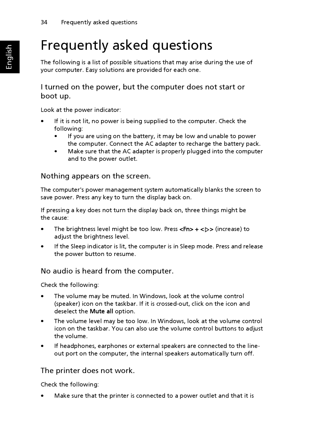 Acer NTL1CAA002 manual Frequently asked questions, Nothing appears on the screen, No audio is heard from the computer 