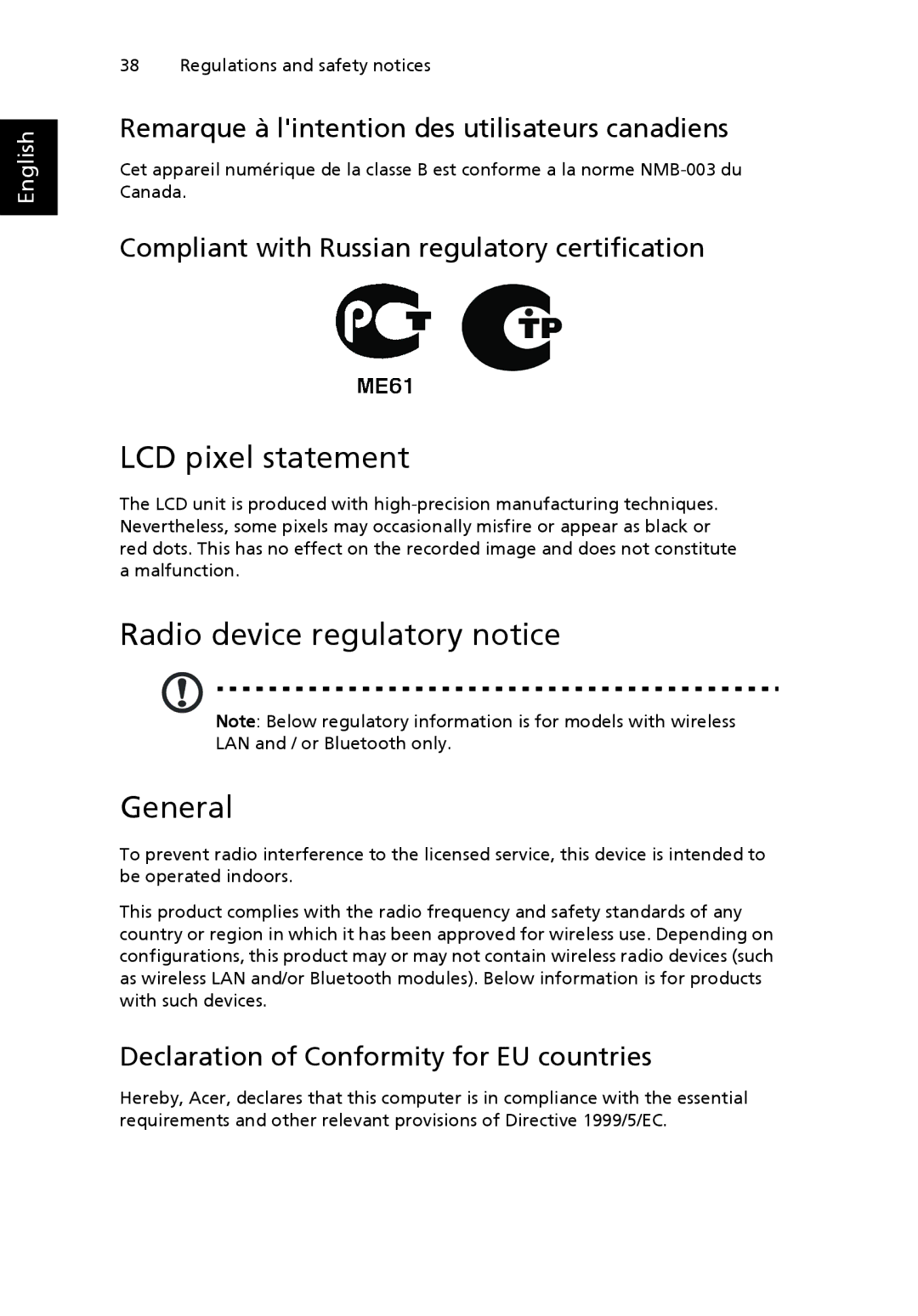 Acer NTL1CAA002 LCD pixel statement, Radio device regulatory notice General, Declaration of Conformity for EU countries 