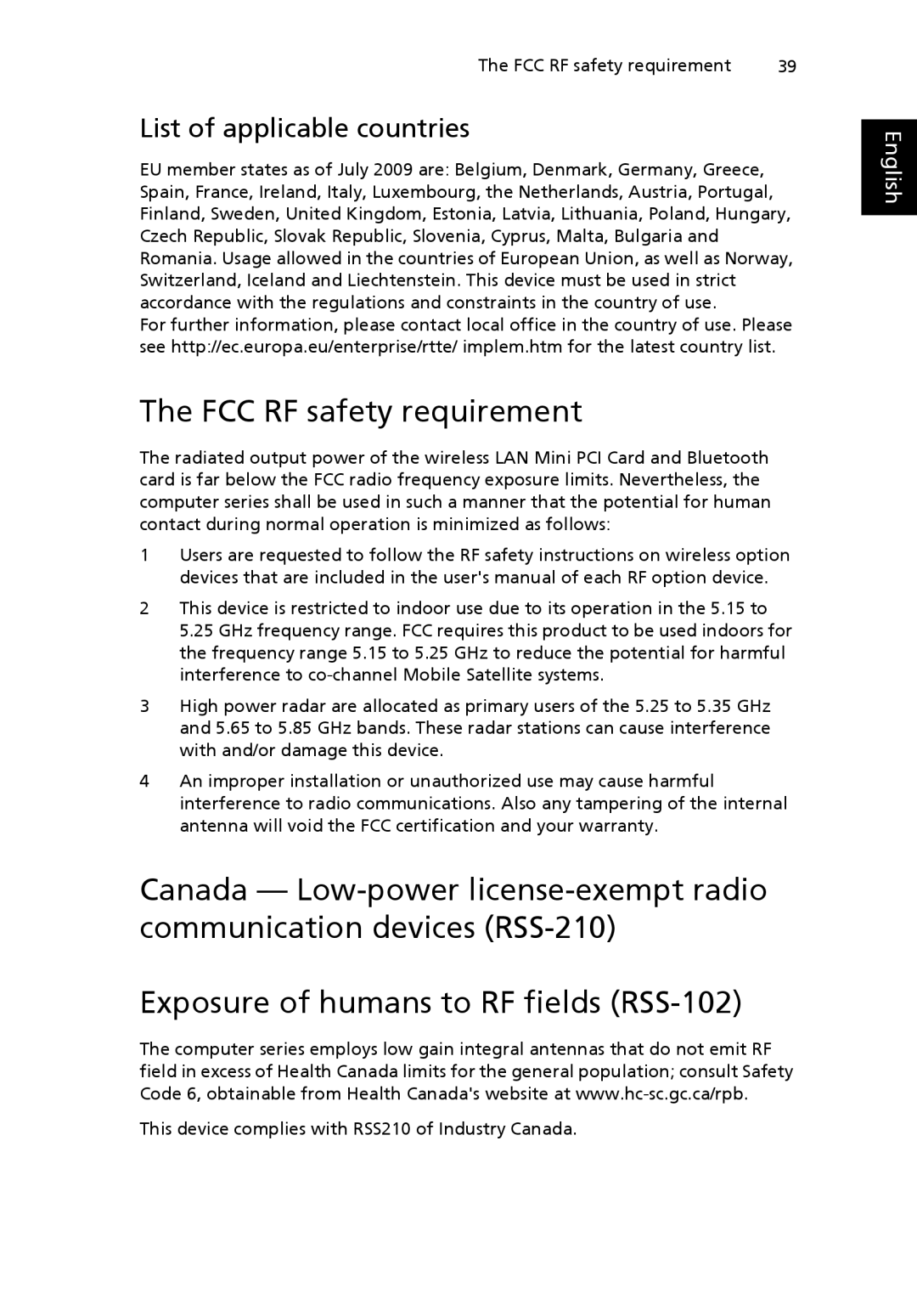 Acer NTL1CAA002 manual FCC RF safety requirement, List of applicable countries 